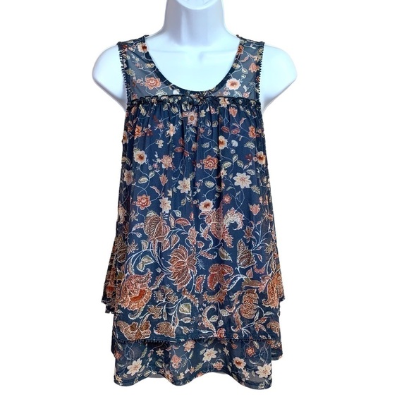 XS Knox Rose Blue Floral Boho Sleeveless Blouse Stretch Lined Flowy Extra Small - Picture 1 of 7